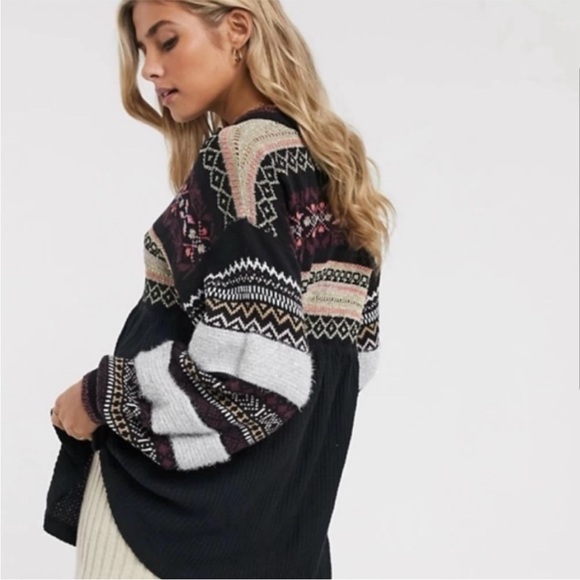 Free People | Women’s Black/Purple/Metallic Cabin Fever Swit FairIsle Sweater XS - Picture 2 of 16